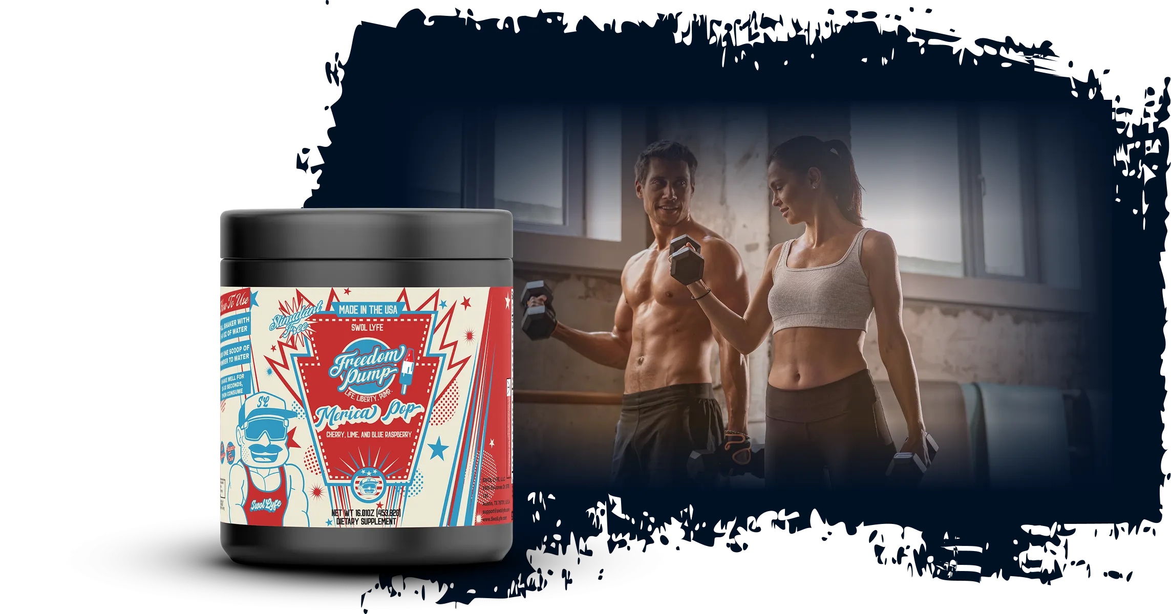 Supplement jar with fitness image of two people lifting dumbbells.