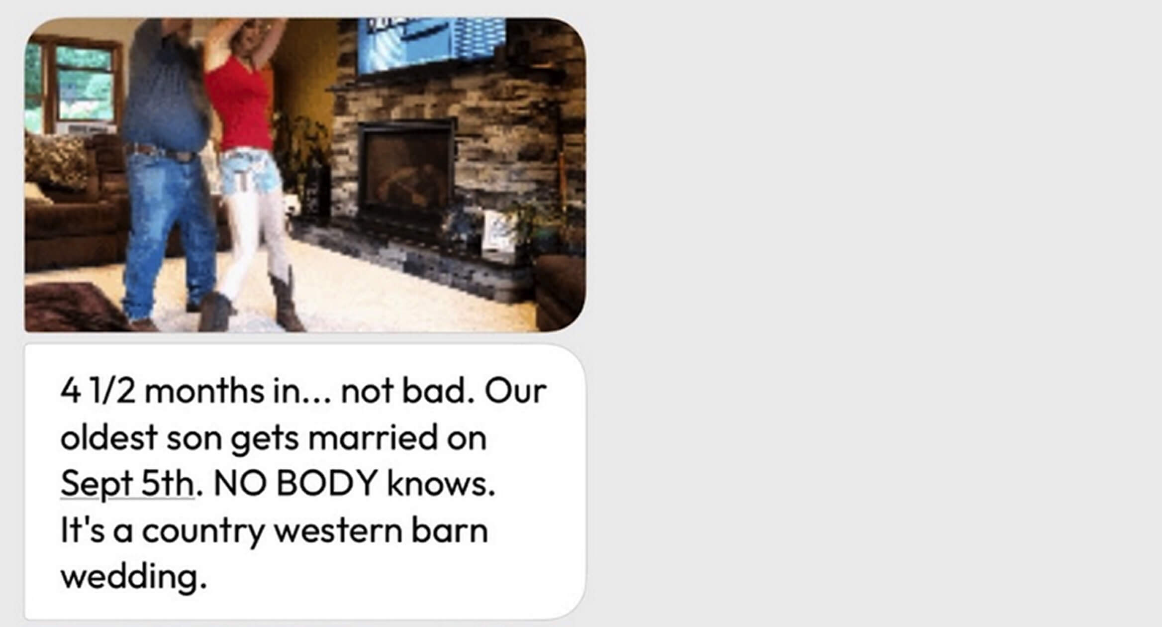 Text message from a couple announcing their marriage in a country western barn.