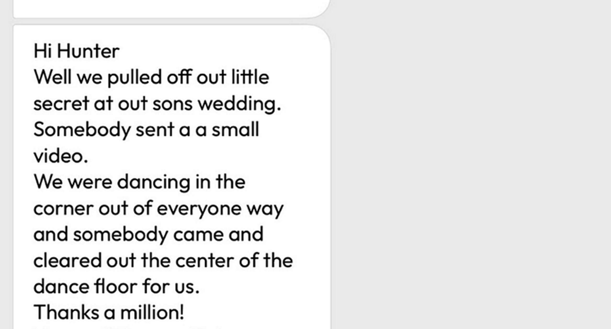 A text message exchange between the bride's father and the groom's mother regarding wedding plans and coordination.