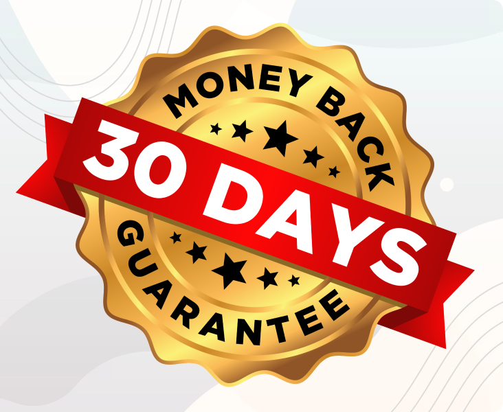Gold badge with '30 Days Money Back Guarantee' text.
