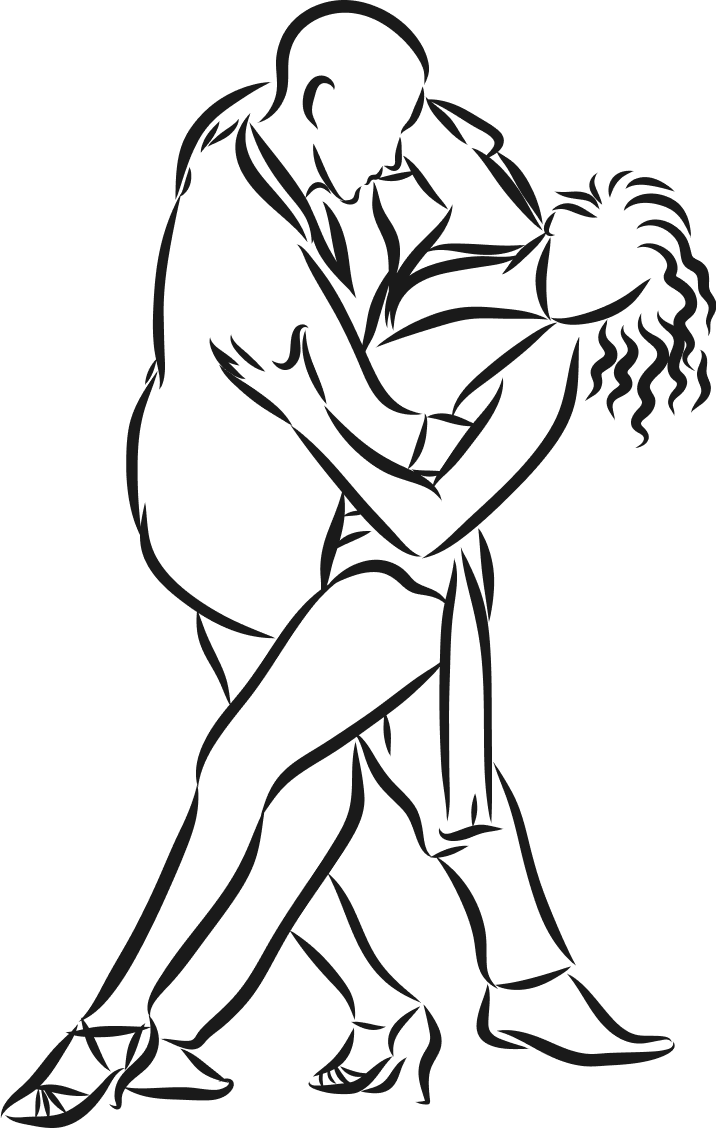 A black and white illustration depicting a couple in a graceful dance, showcasing their intimacy and rhythm.