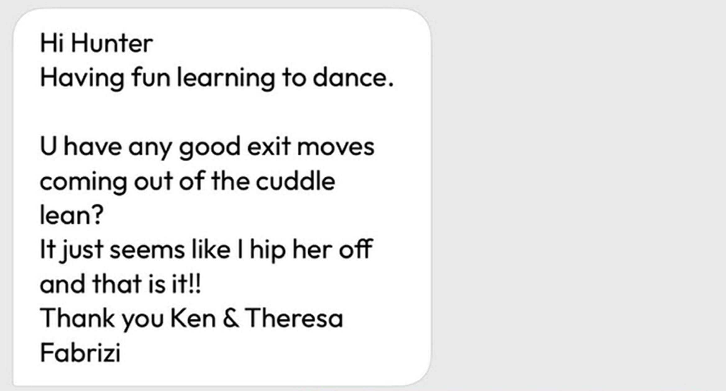 A text message exchange between the bride's father and the groom's mother regarding wedding plans and coordination.