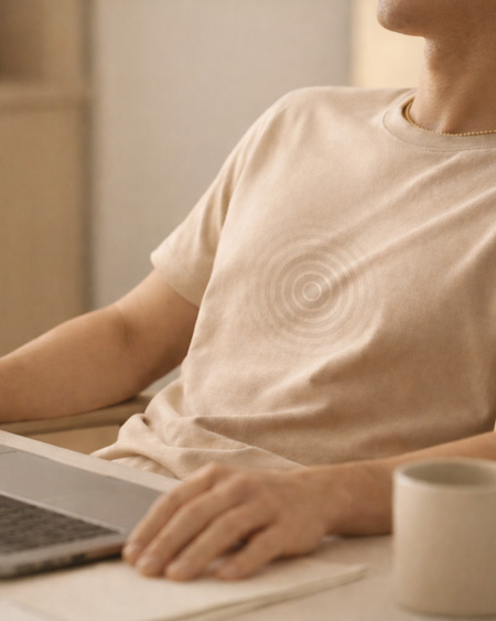 Person seated near laptop with coffee cup, torso visible in beige shirt.