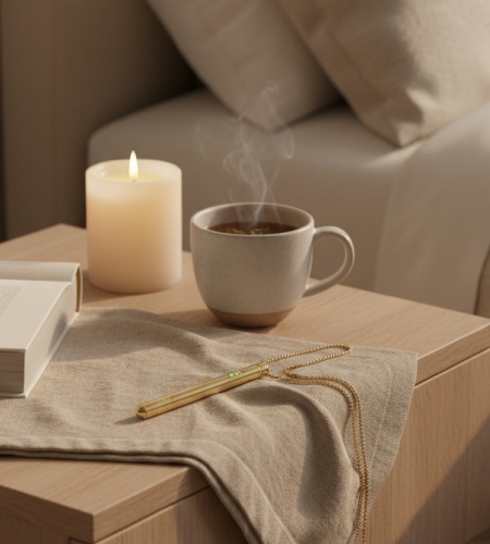 Cup of tea, candle, book, and necklace on a bedside table.