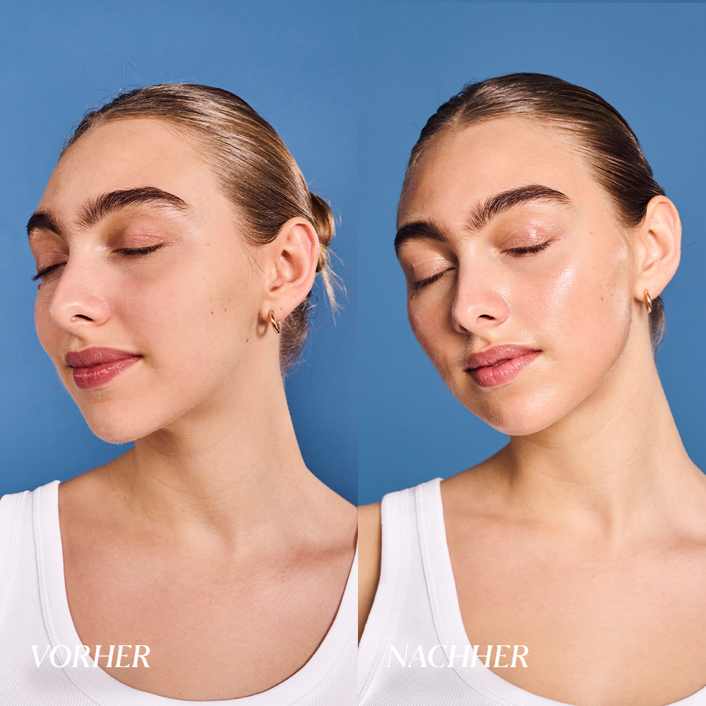 A before and after image showing a woman's skin going from a natural finish to a dewy glow.
