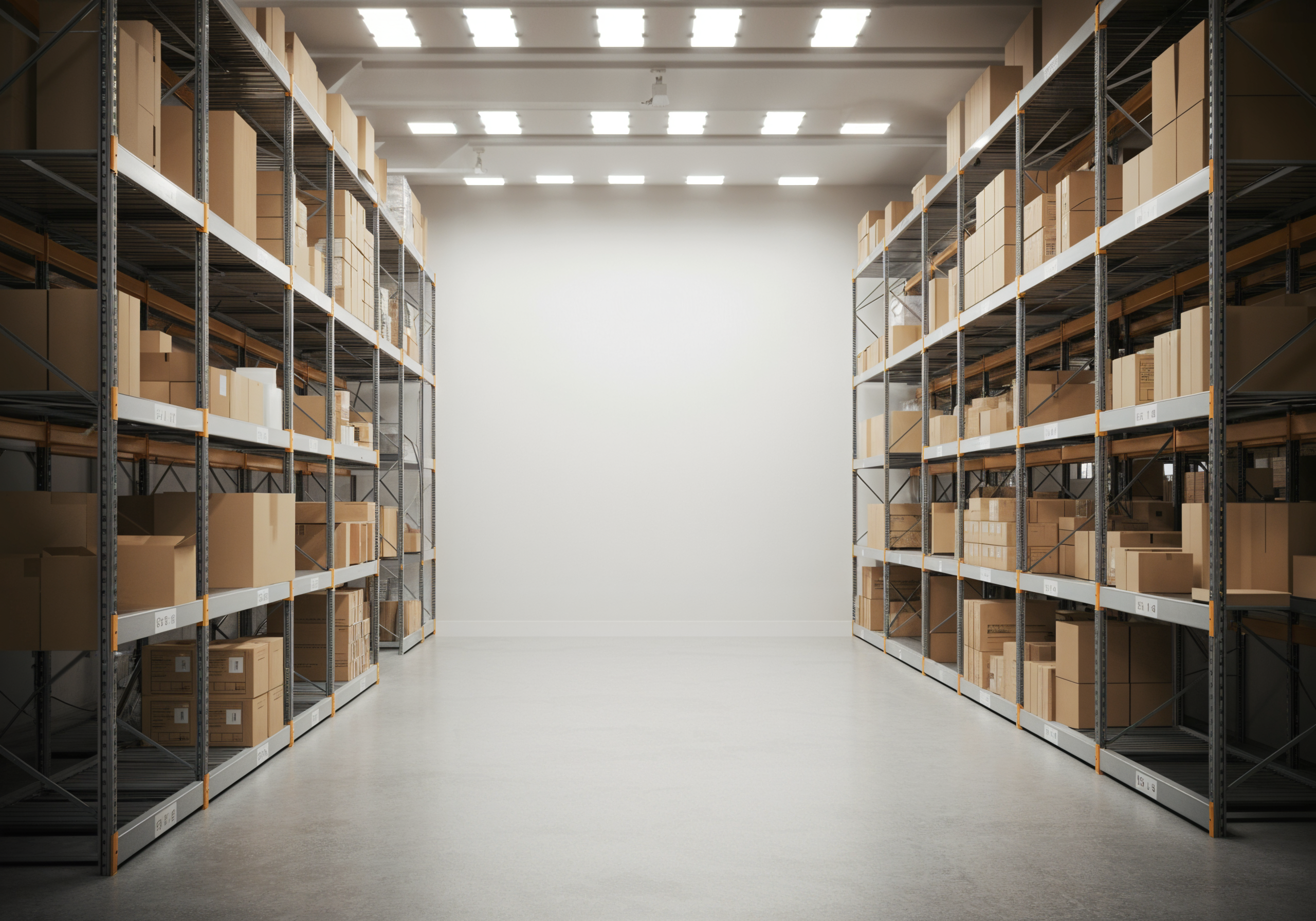 Warehouse aisle with shelves full of cardboard boxes.