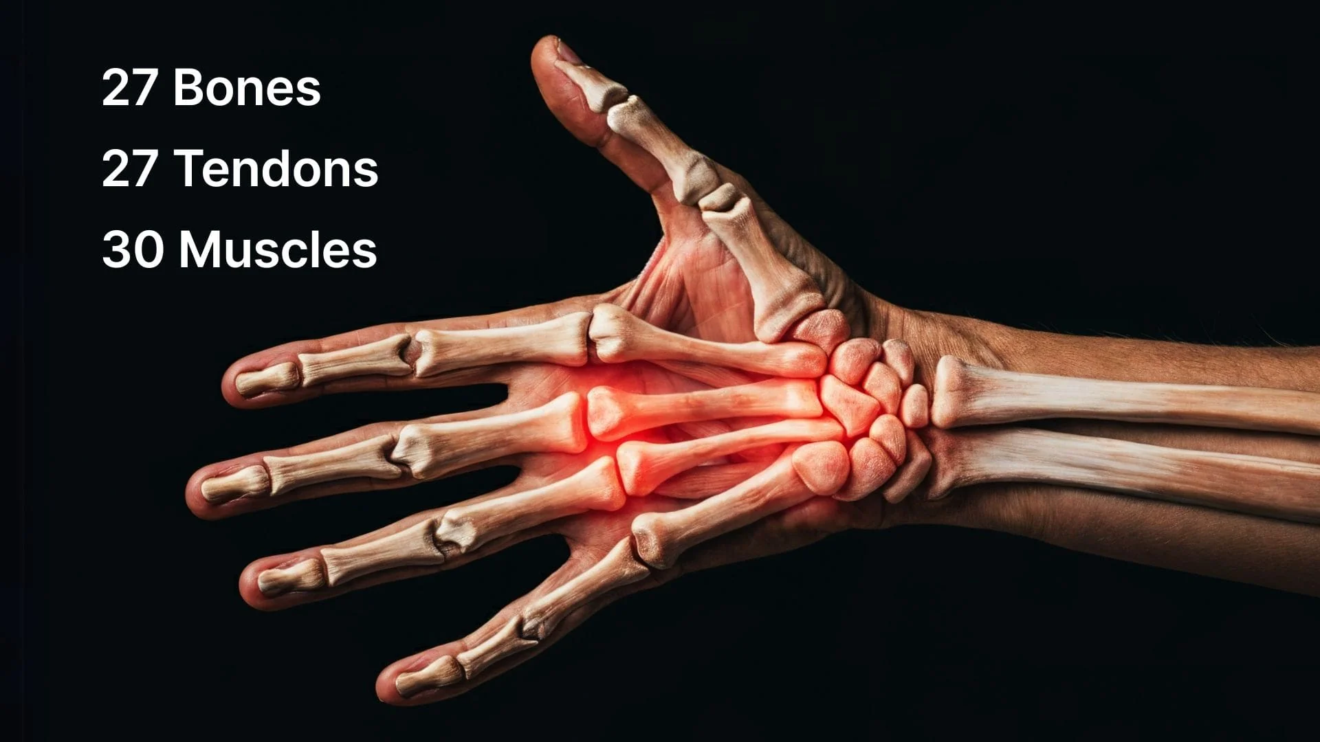 Illustration of a hand with bones highlighted, showing 27 bones, 27 tendons, 30 muscles.