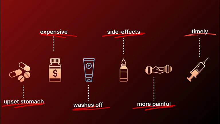 Illustration of various health-related items with negative attributes highlighted.