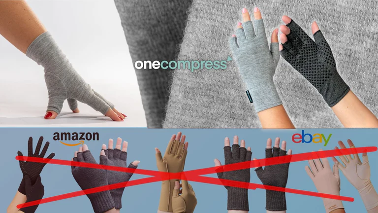 Various compression gloves with different designs and brands, including onecompress, amazon, and ebay.