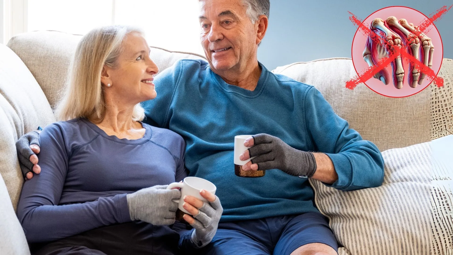 Elderly couple with gloves holding mugs, sitting on a couch, with a crossed-out hand diagram.