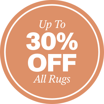 Circular badge with 'Up to 30% Off All Rugs' text.