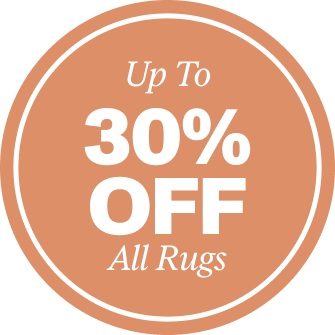 Circular badge with 'Up to 30% Off All Rugs' text.