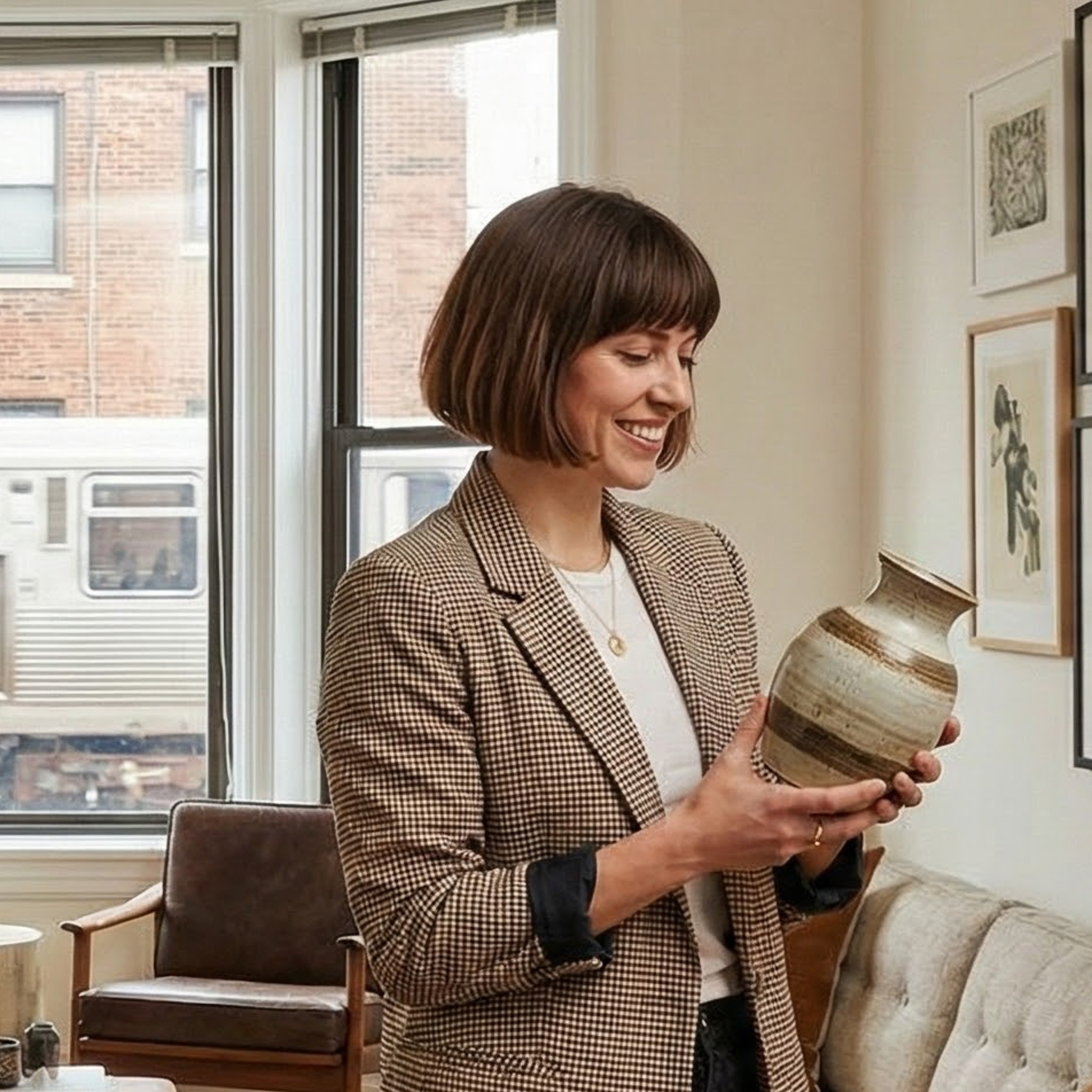 Person smiling while holding a ceramic vase in a living room.