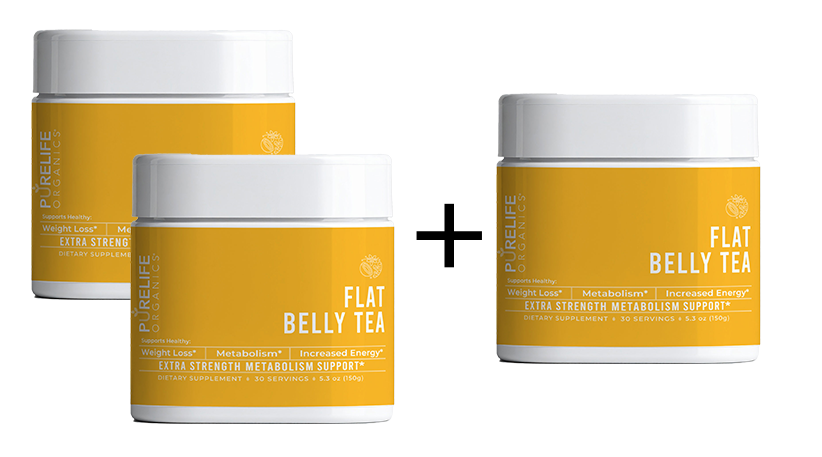 Three yellow containers of 'Flat Belly Tea' with a plus sign between them.