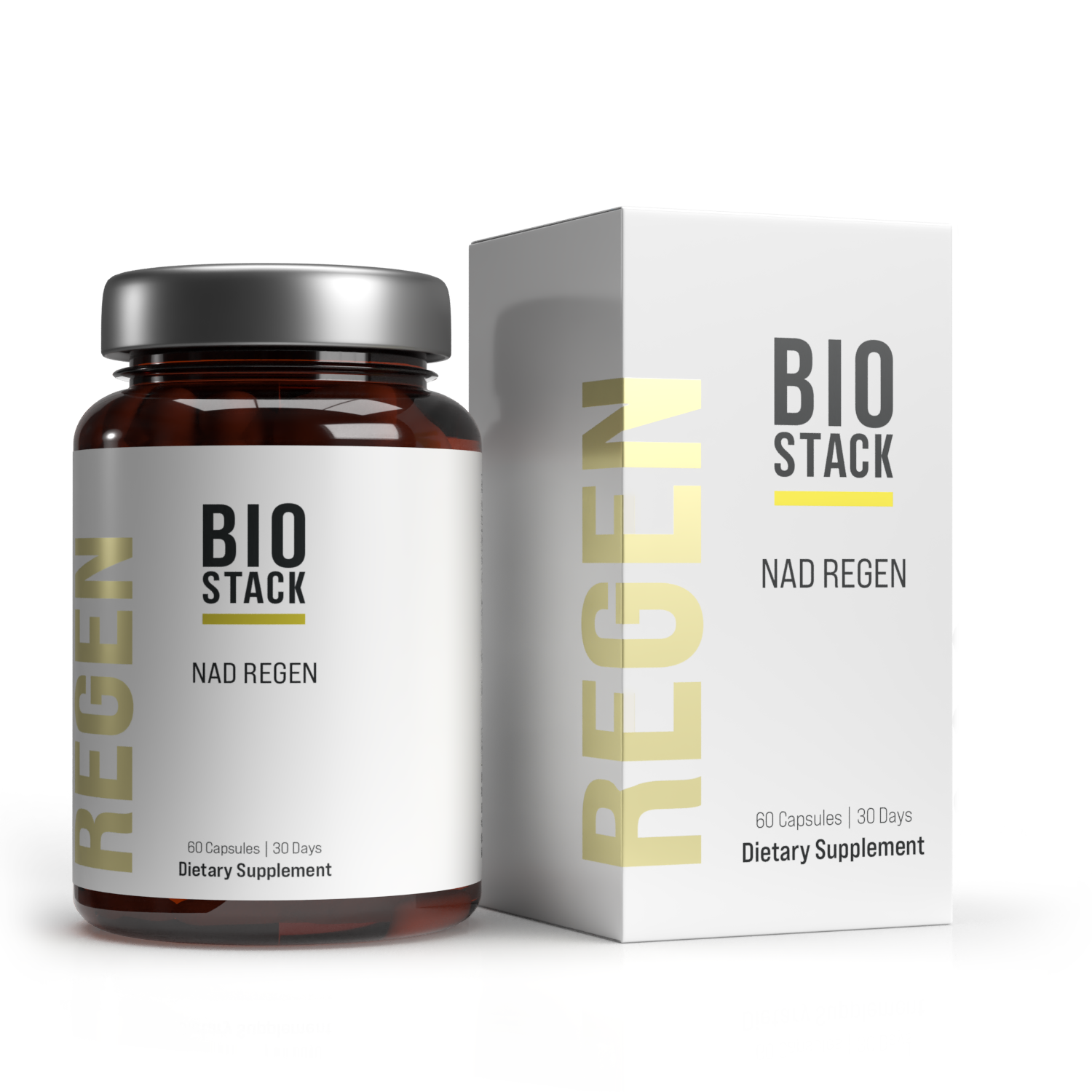 Bottle and box of Bio Stack NAD Regen dietary supplement.