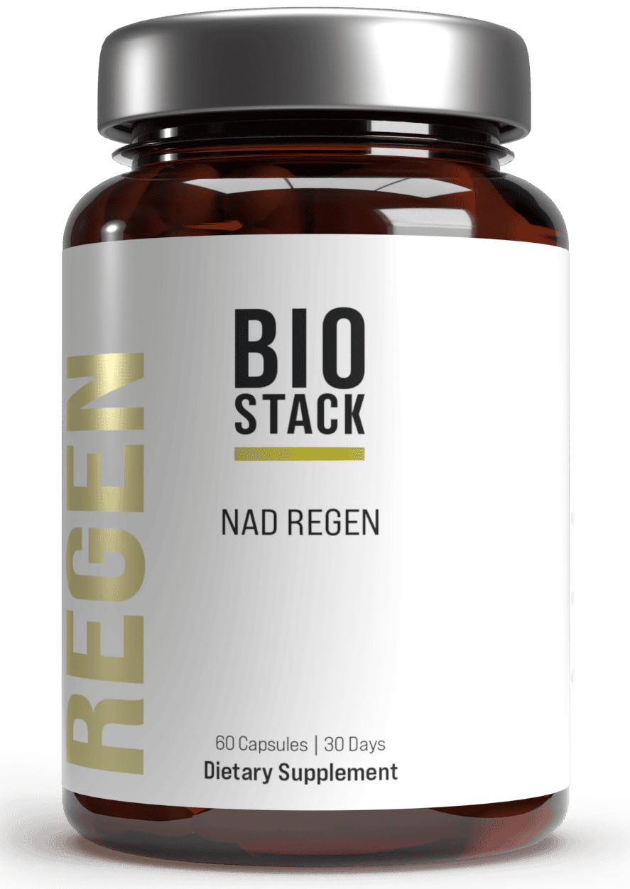Brown bottle labeled 'BIO STACK NAD REGEN' dietary supplement.
