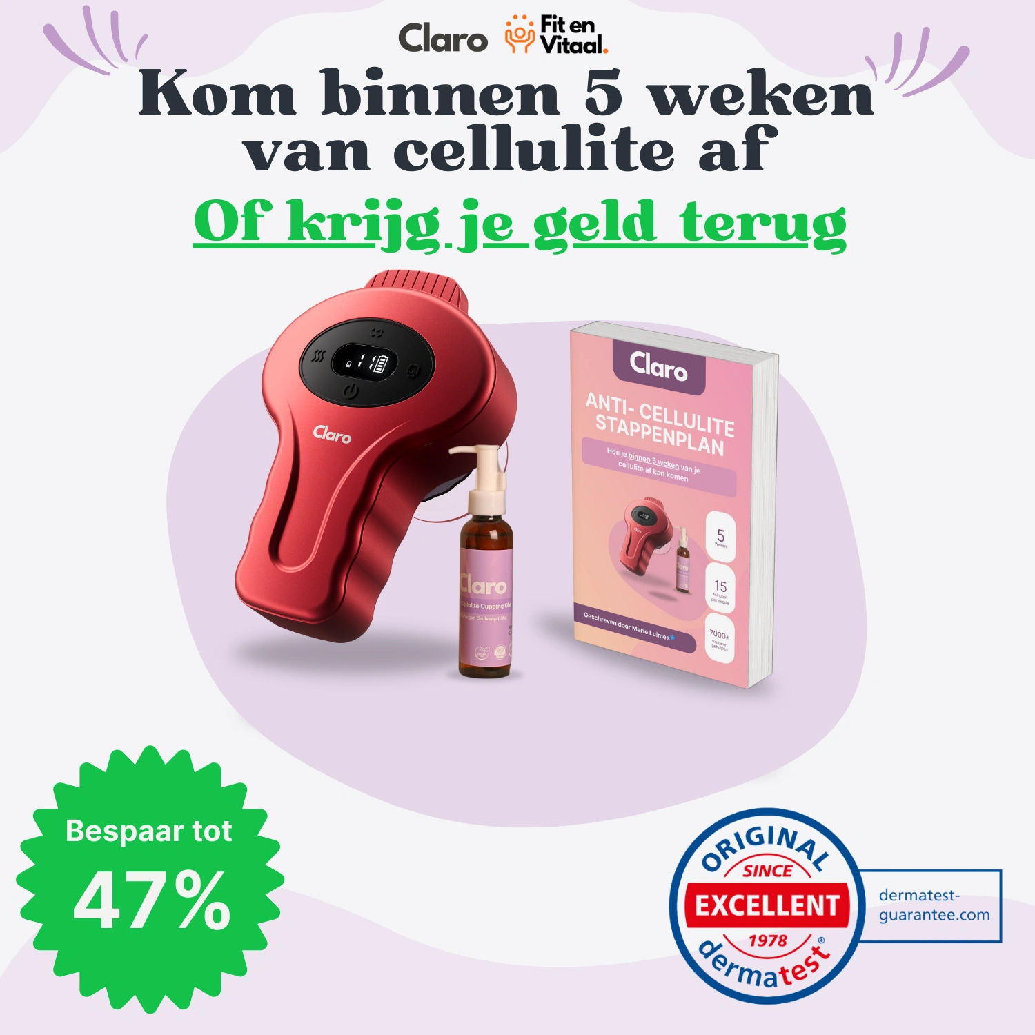 Red cellulite massager, bottle, and booklet with Dutch text and promotional badges.