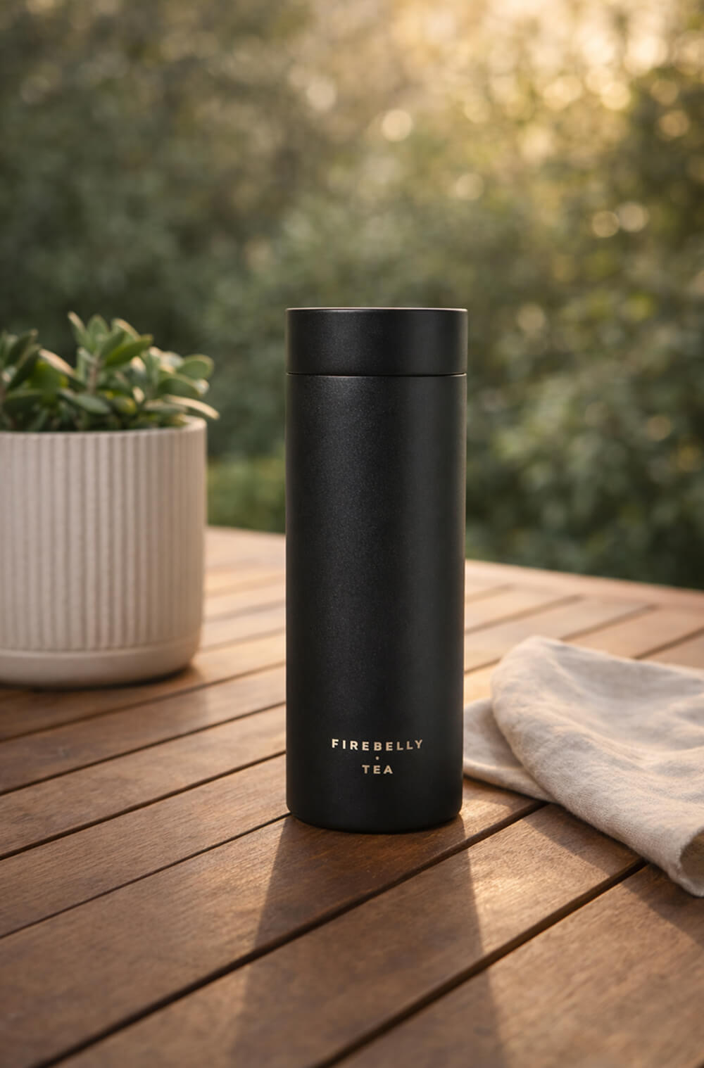 A black Firebelly Tea thermos sits on a wooden table next to a potted plant and a napkin.