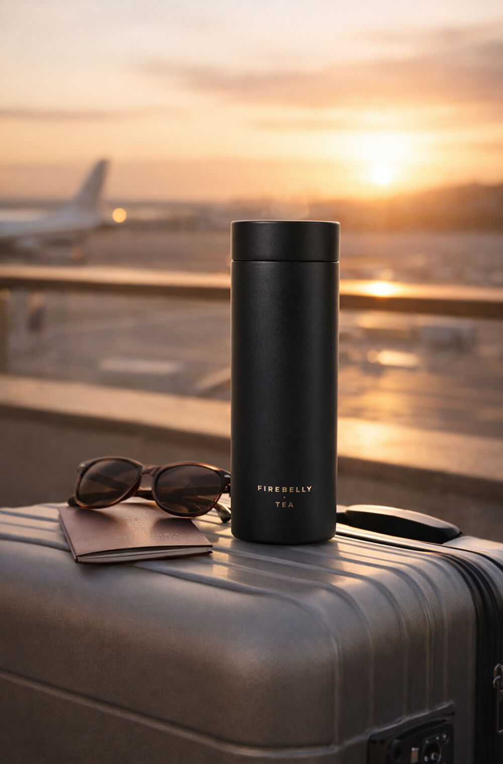 A black travel mug, sunglasses, and a passport sit on a suitcase at an airport during sunset.