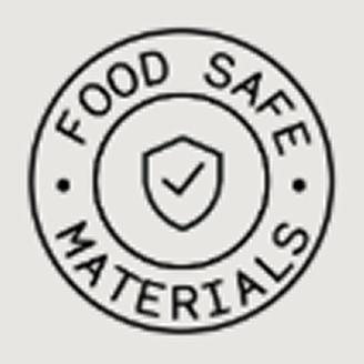 A circular icon that reads 'Food Safe Materials' with a shield and checkmark in the center.