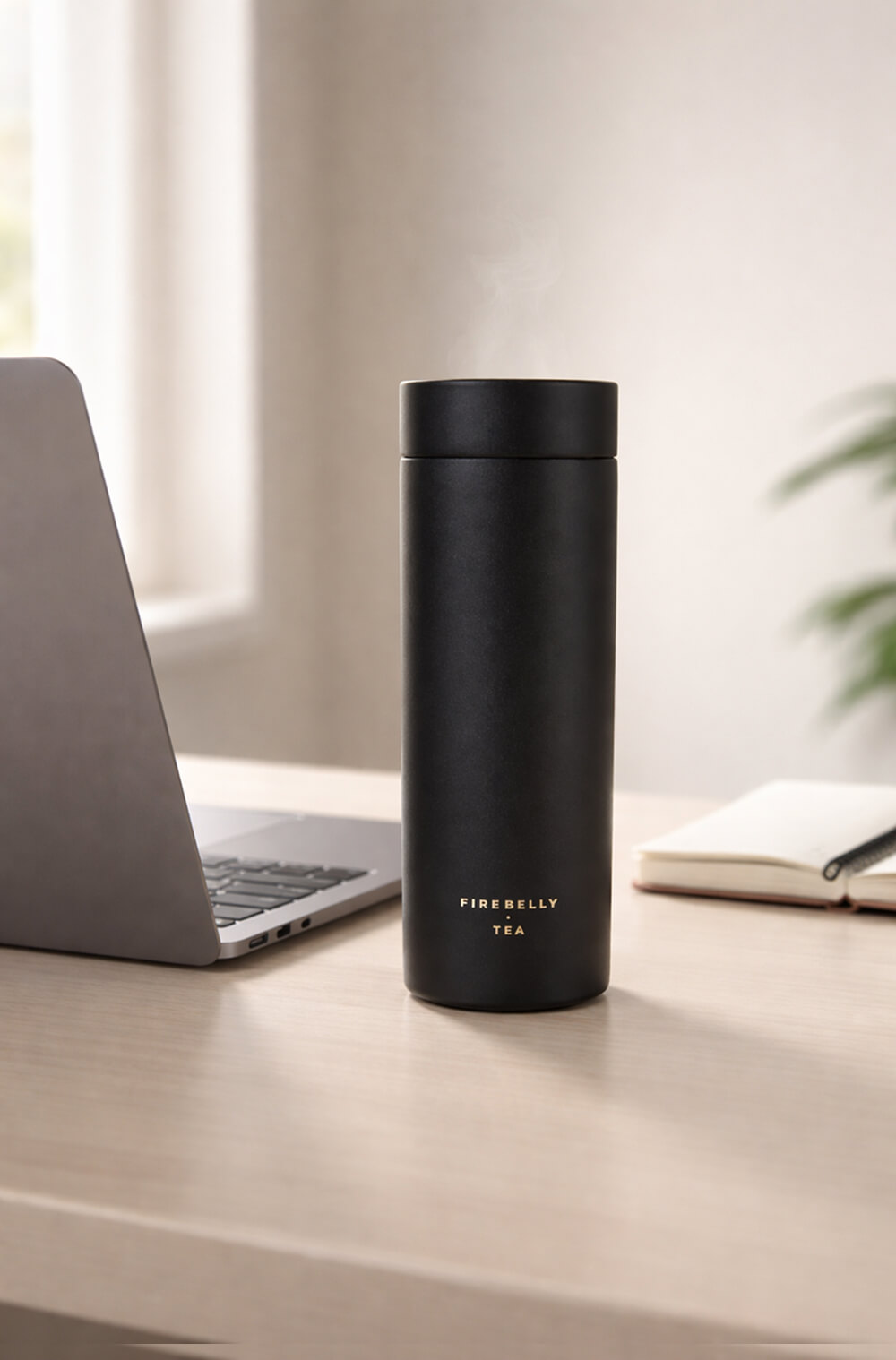 A black Firebelly Tea travel mug steaming on a desk next to a laptop and notebook.