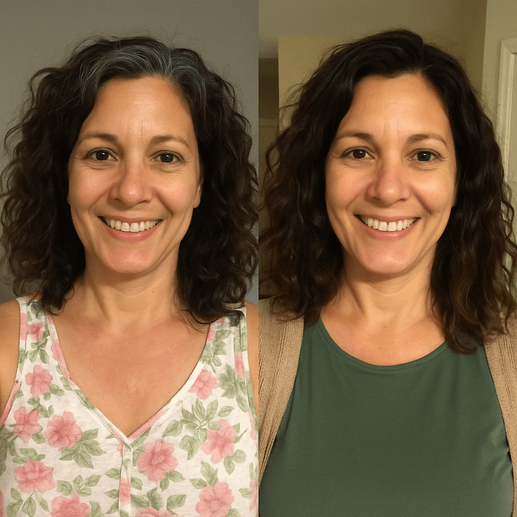 Side-by-side comparison of a woman smiling in two different outfits.