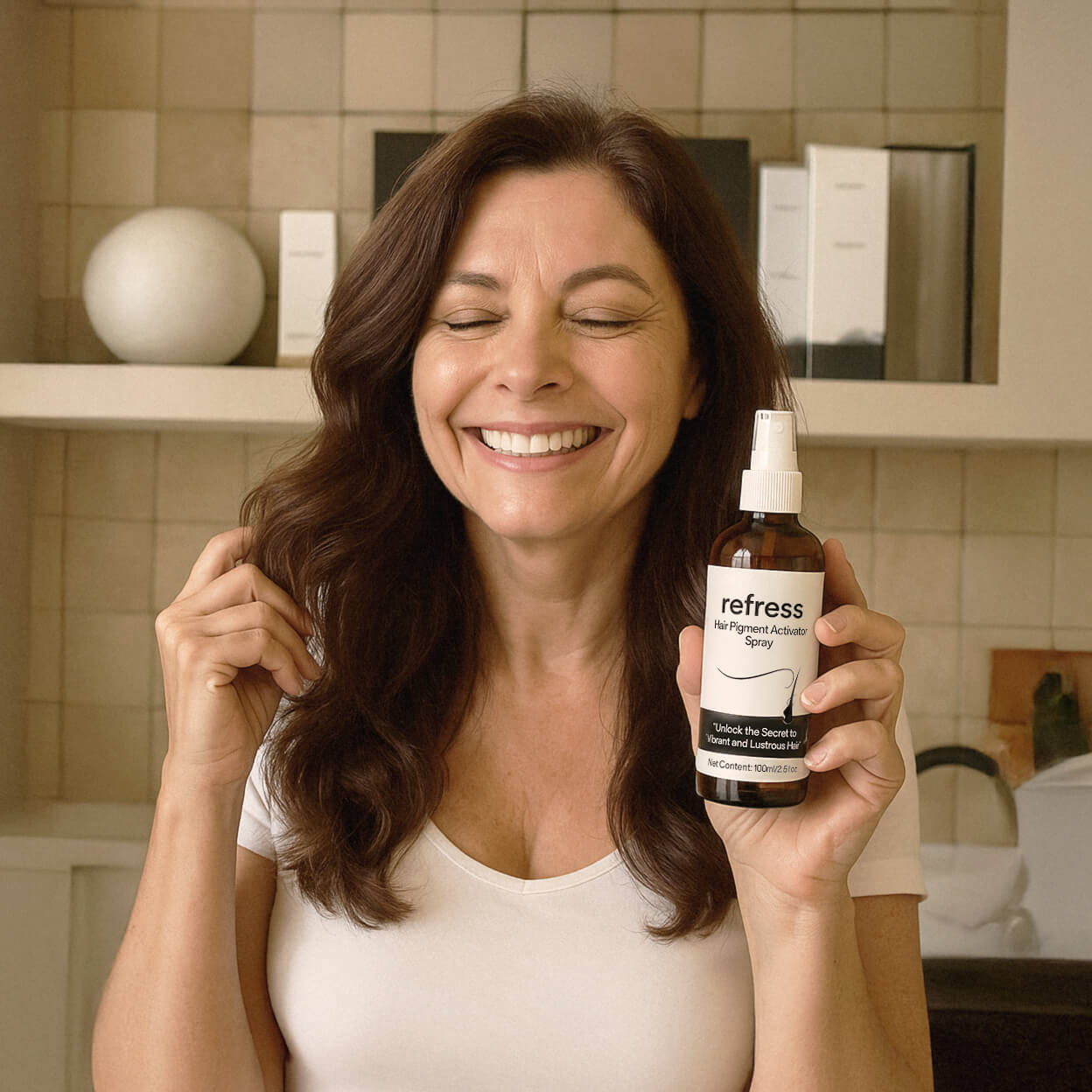 Smiling woman holding a bottle labeled 'refress Hair Pigment Activator Spray'.