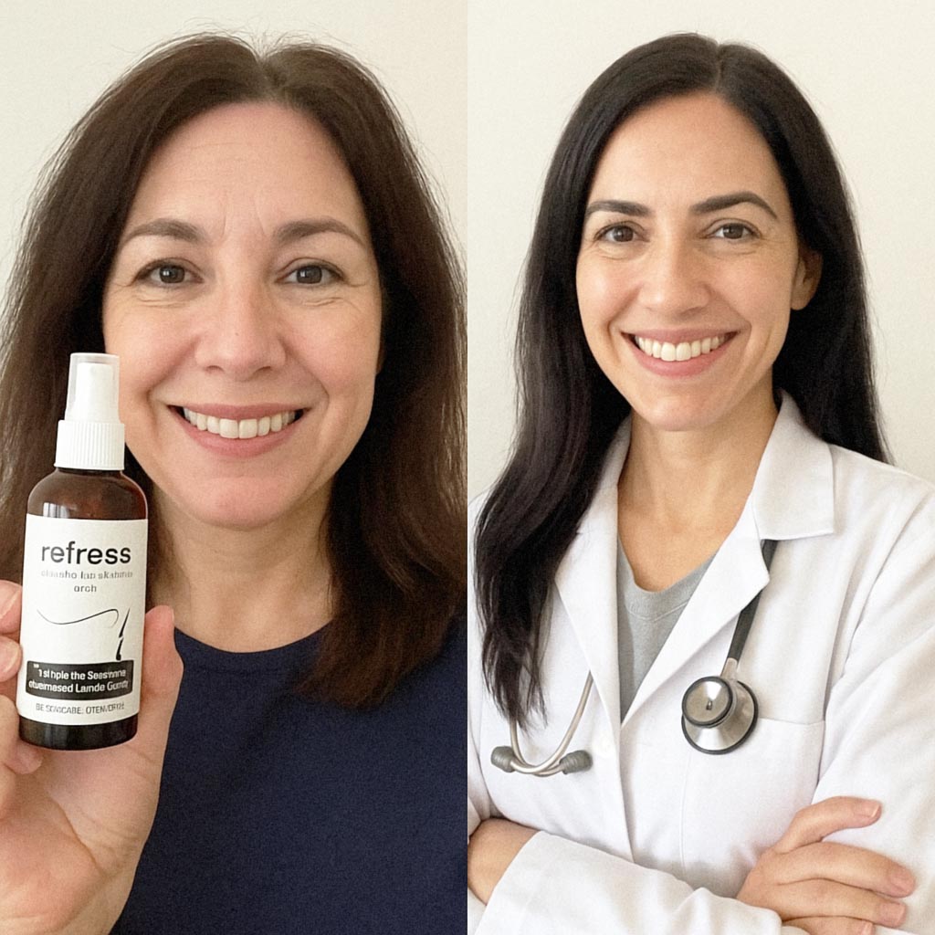 Two women smiling; one holds a skincare product, the other wears a lab coat with a stethoscope.