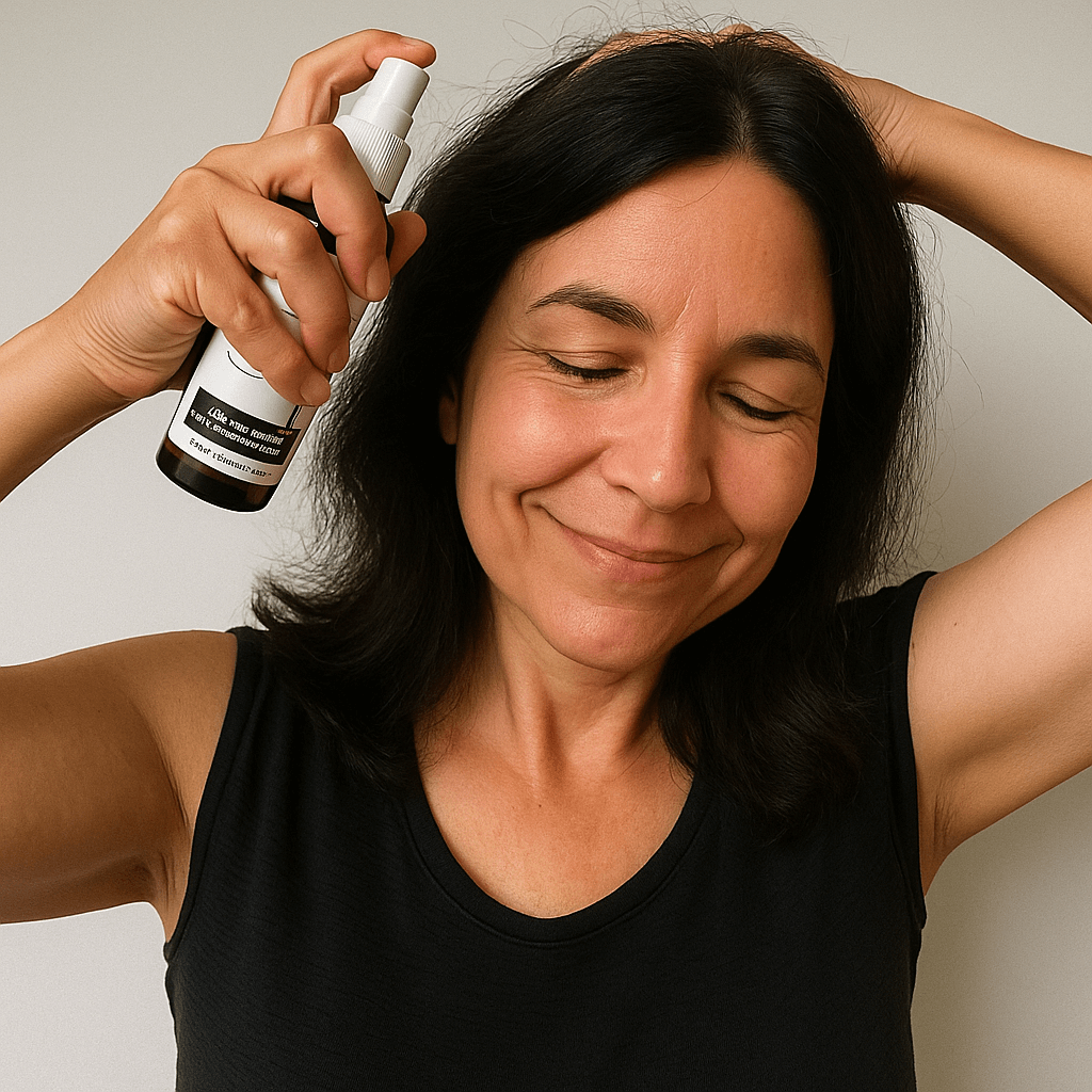 Person smiling while applying spray to hair.