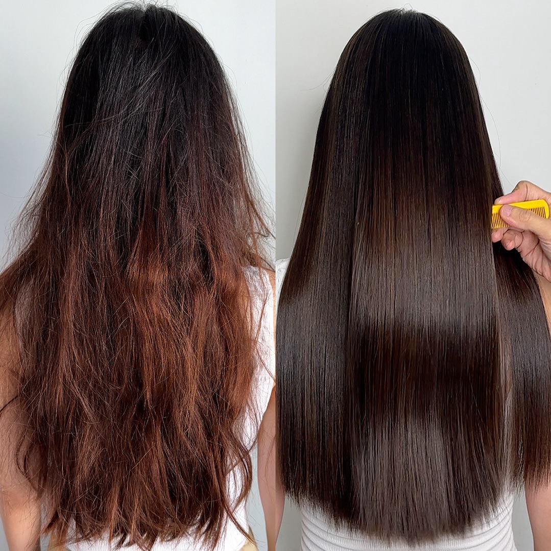 Before and after comparison of frizzy and smooth, straightened hair.