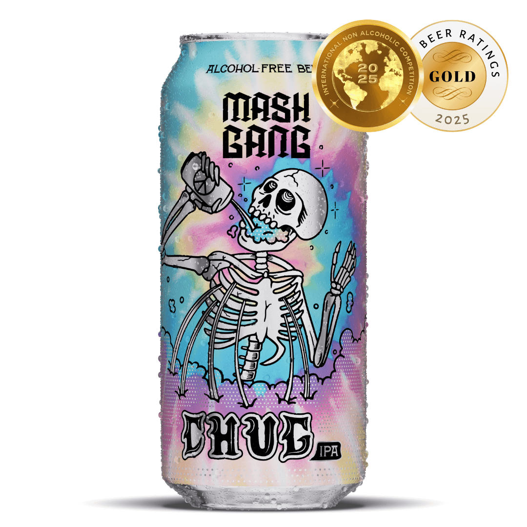 A can of Mash Gang Chug IPA with a cartoon skeleton on a tie-dye label and award medals.