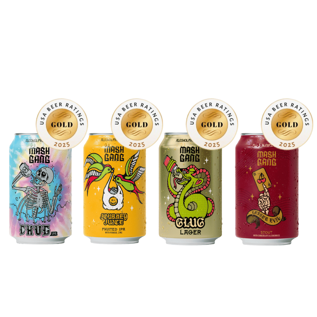 Four colorful beer cans with gold award badges from USA Beer Ratings 2025.