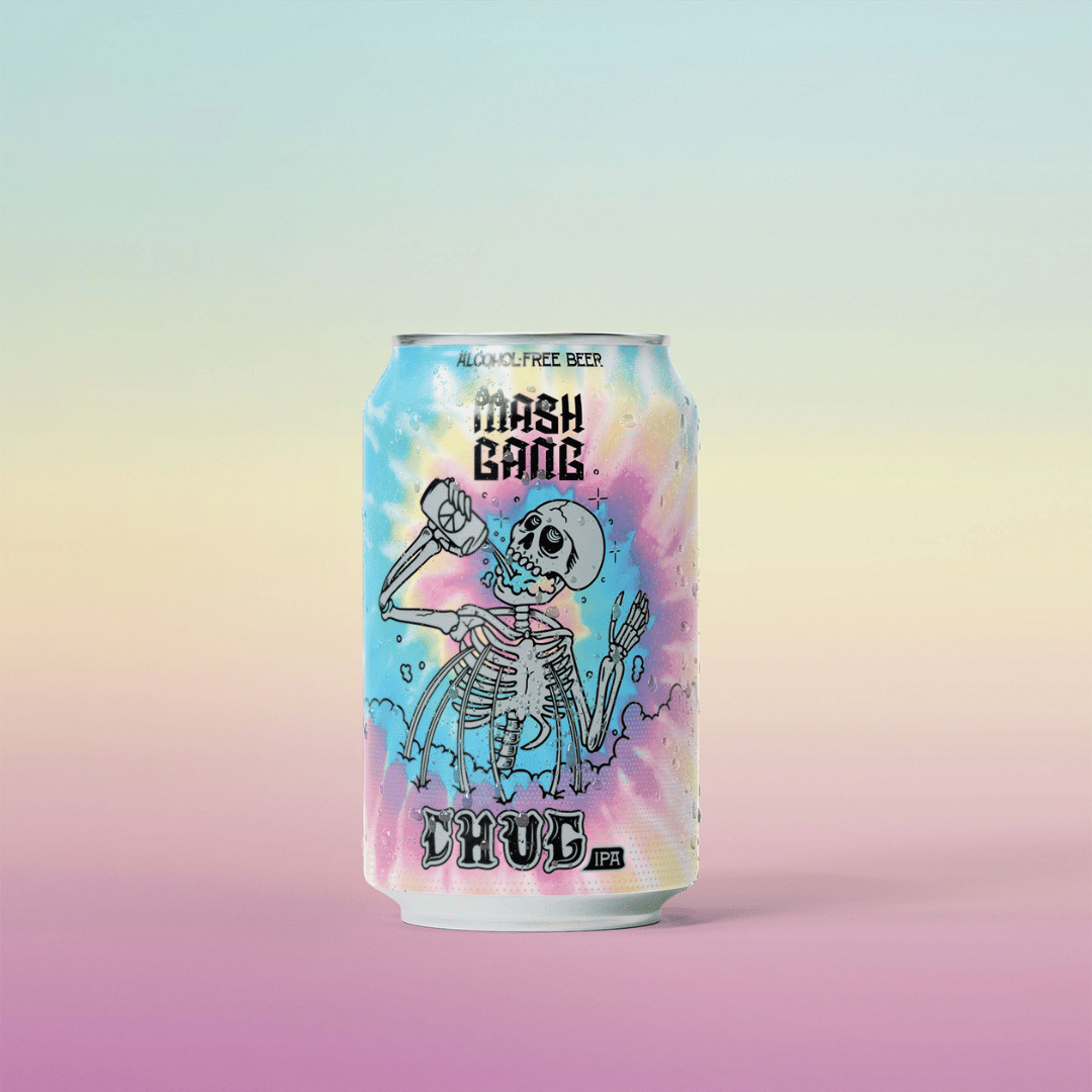 Red can of non-alcoholic beer with cherries and skeleton hand design.