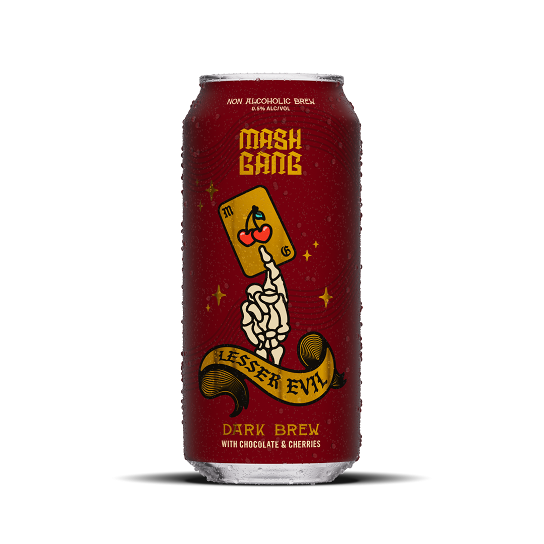 Red can of non-alcoholic dark brew with decorative design featuring a skeleton hand and cherries.