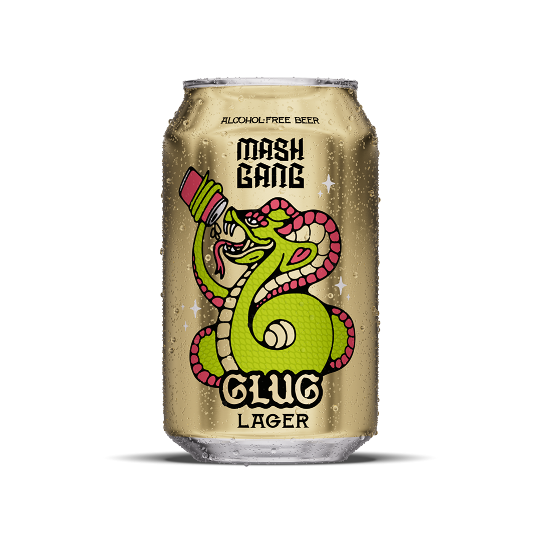 Can of Mash Gang Glug Lager with colorful snake illustration.
