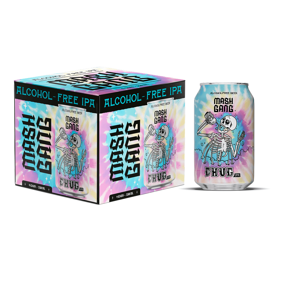 Box and can of Mash Gang alcohol-free IPA with skeleton artwork.