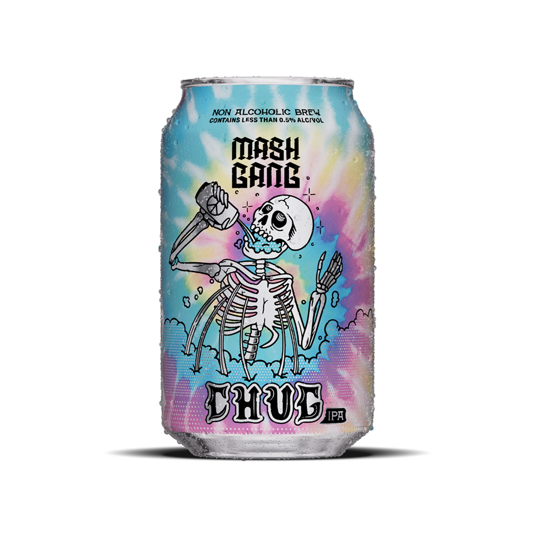Can with colorful skeleton design and text 'Mash Gang Chug IPA'.