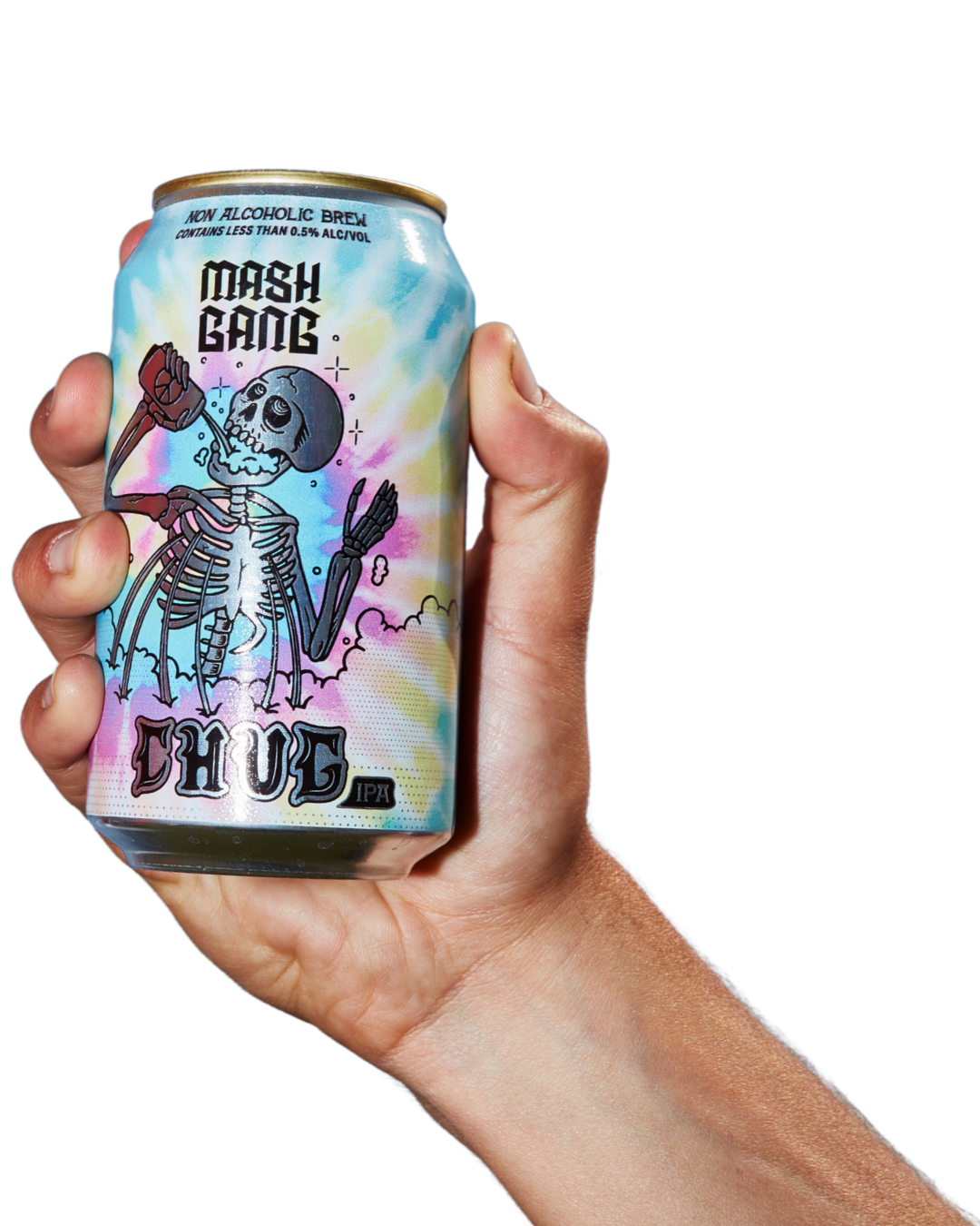 Four decorated beer cans with gold award medals displayed on top.