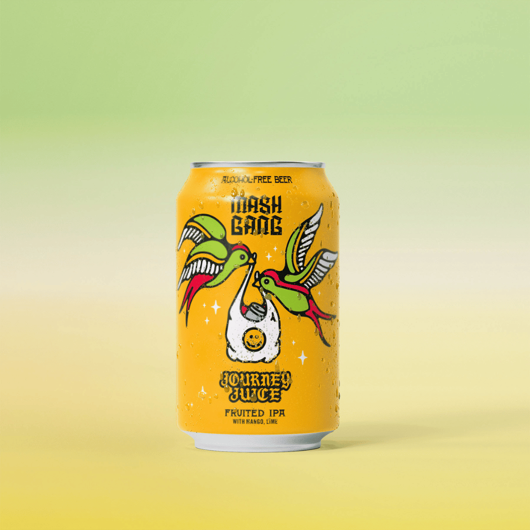Yellow can of alcohol-free beer with colorful bird illustrations.