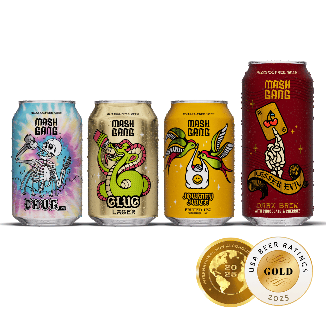 Four colorful beer cans with playful designs, and two gold award medallions.