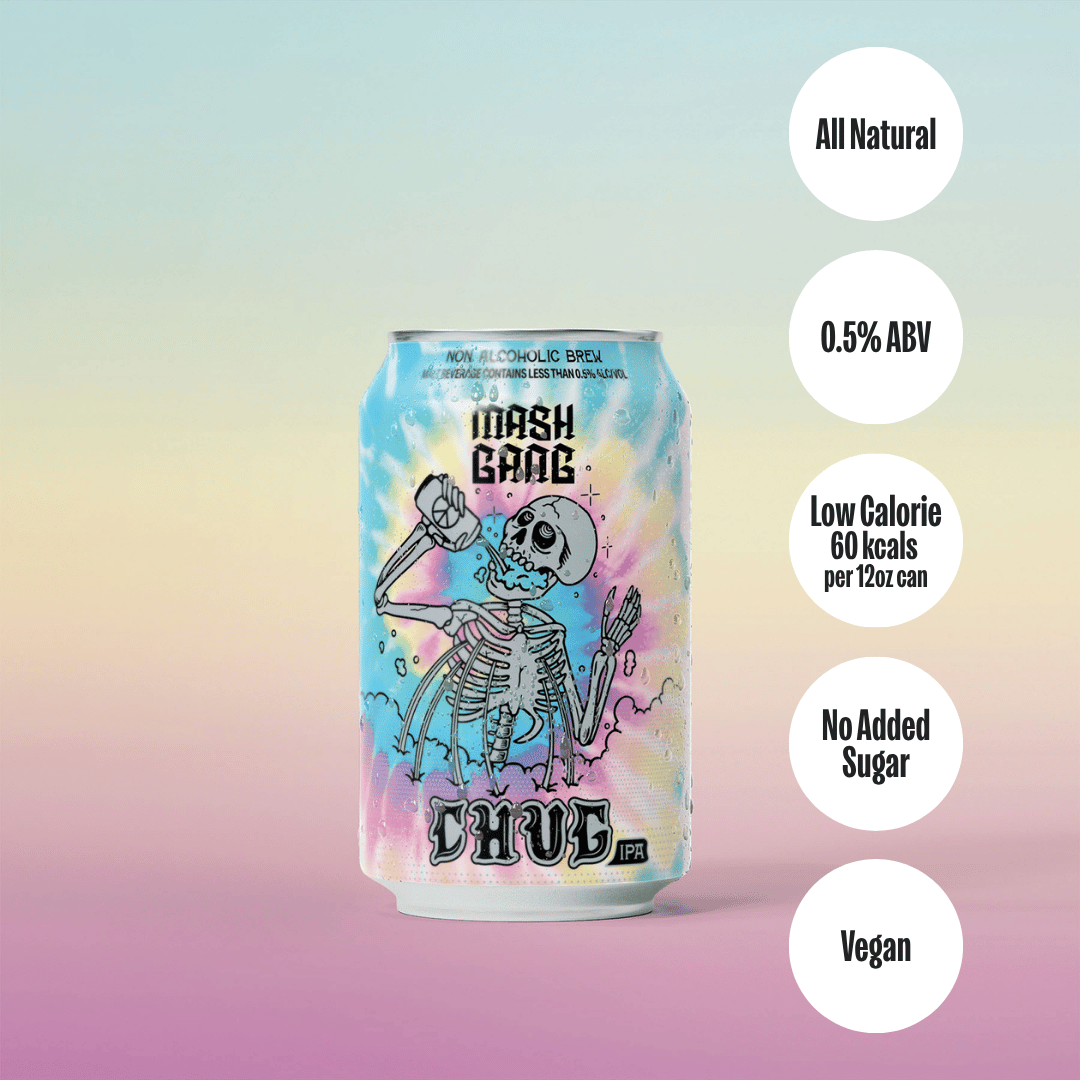 Colorful can with skeleton design, labeled 'Mash Gang Chug IPA', surrounded by product features.