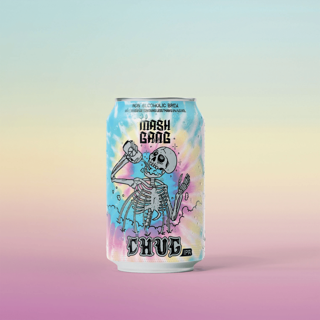 Colorful can with skeleton illustration and 'Mash Gang Chug IPA' text.