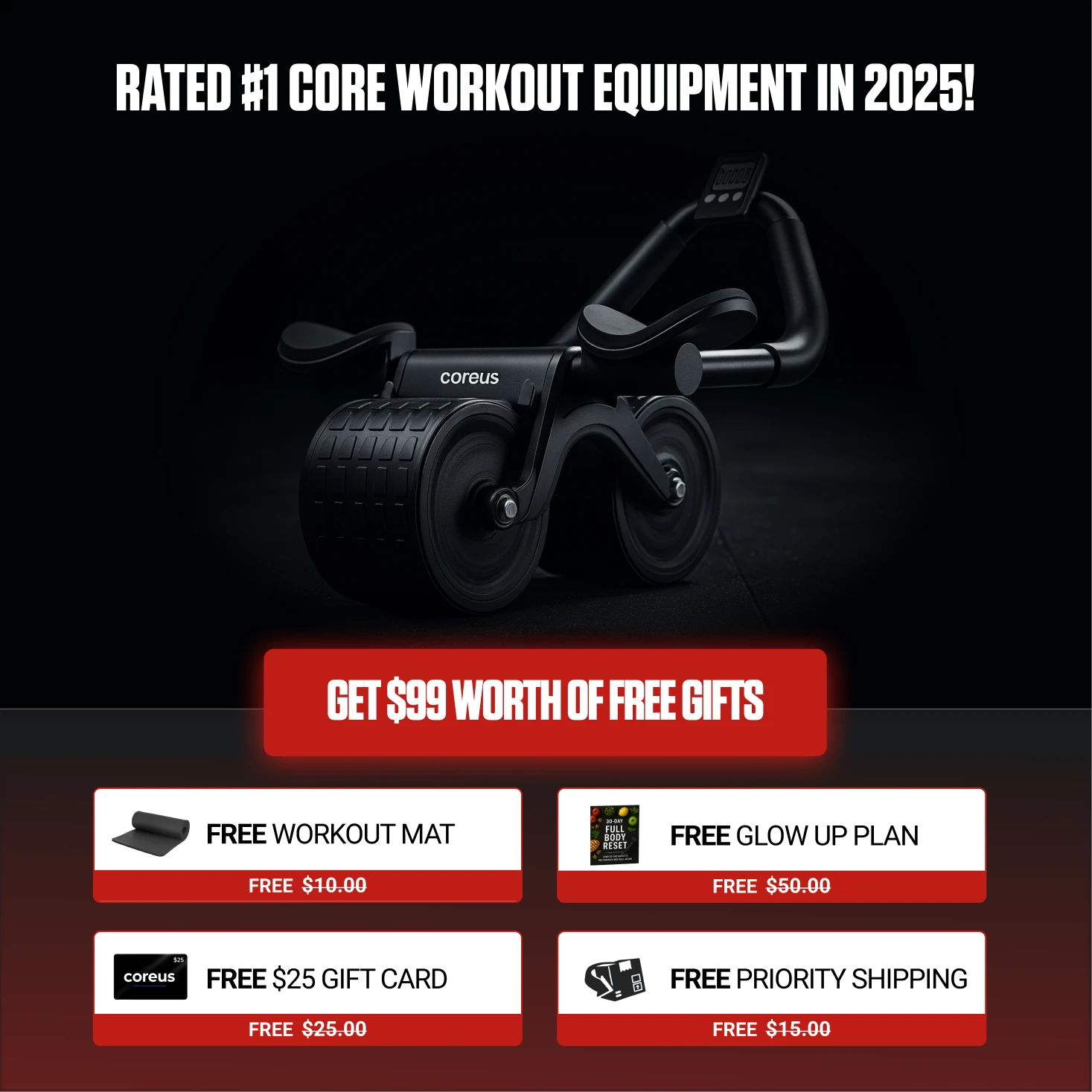 Black exercise equipment with the text 'Rated #1 Core Workout Equipment in 2025!'
