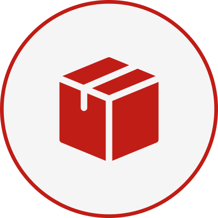Red box icon within a white circle with a red border.