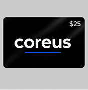 Black card with 'coreus' and '$25' on a gray background.