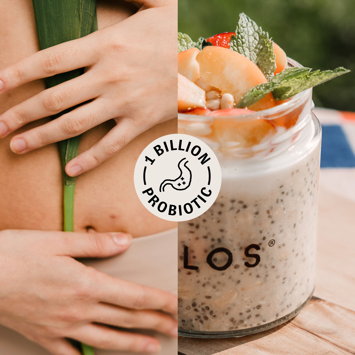 Split image of a person's abdomen and a yogurt jar with '1 Billion Probiotic' label.