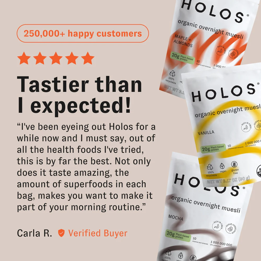 Image of Holos muesli packaging with a customer's positive review and five-star rating.