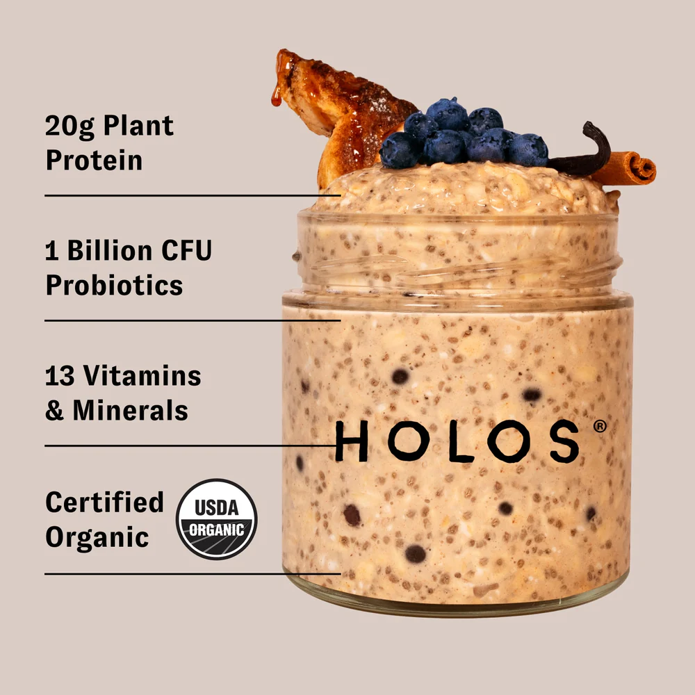 Jar of oatmeal with blueberries, banana, and cinnamon, labeled with nutritional information.