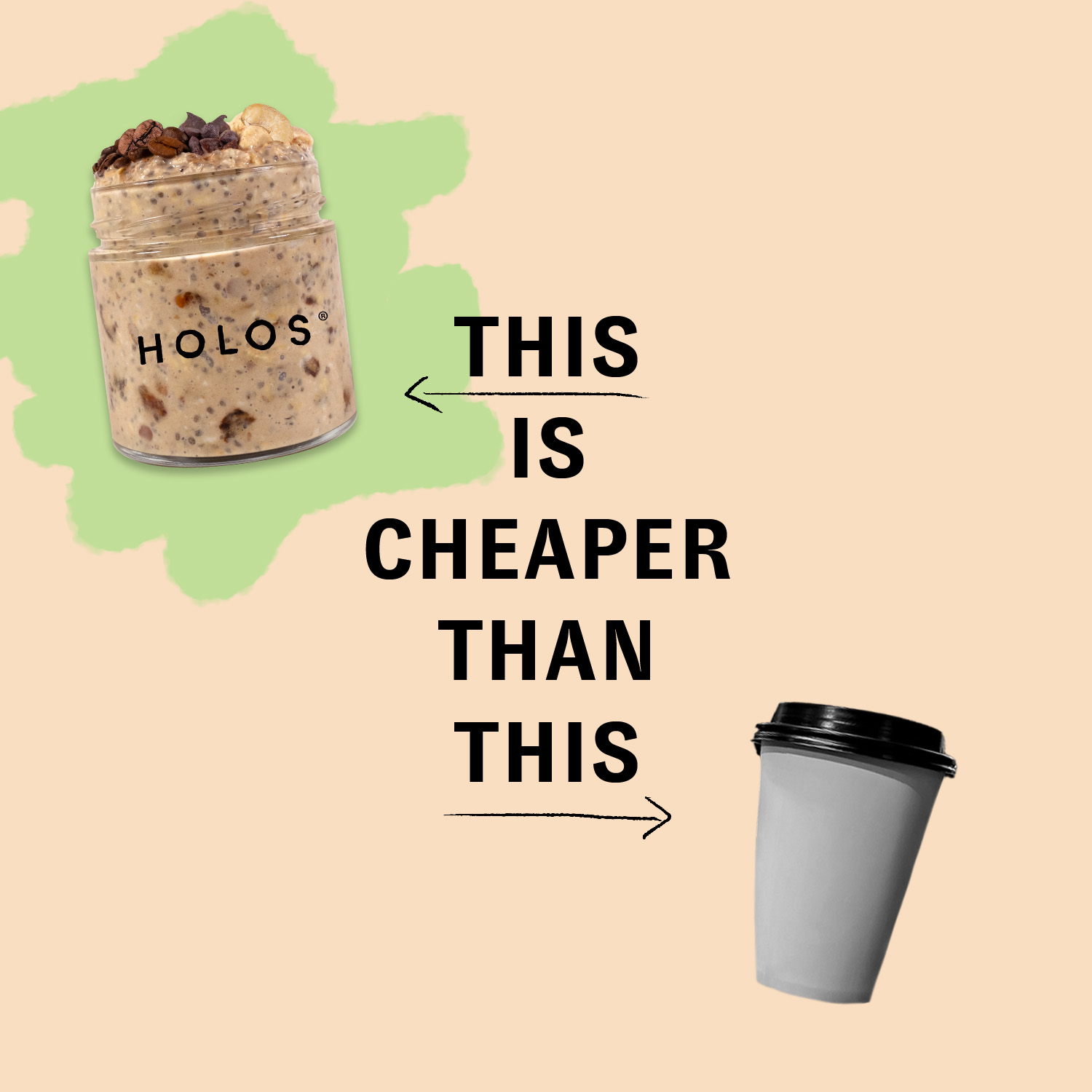 Jar of cereal with text 'This is cheaper than this' pointing to a coffee cup.