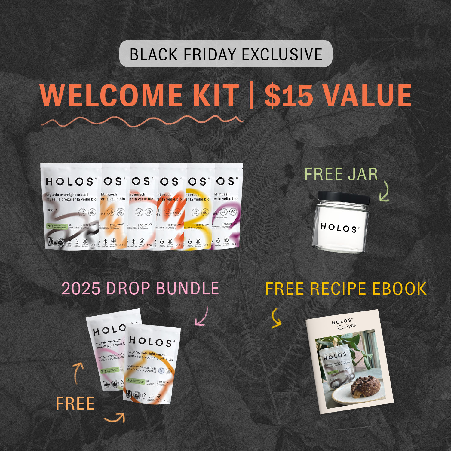 Black Friday exclusive welcome kit with organic muesli packs, free jar, and recipe ebook.